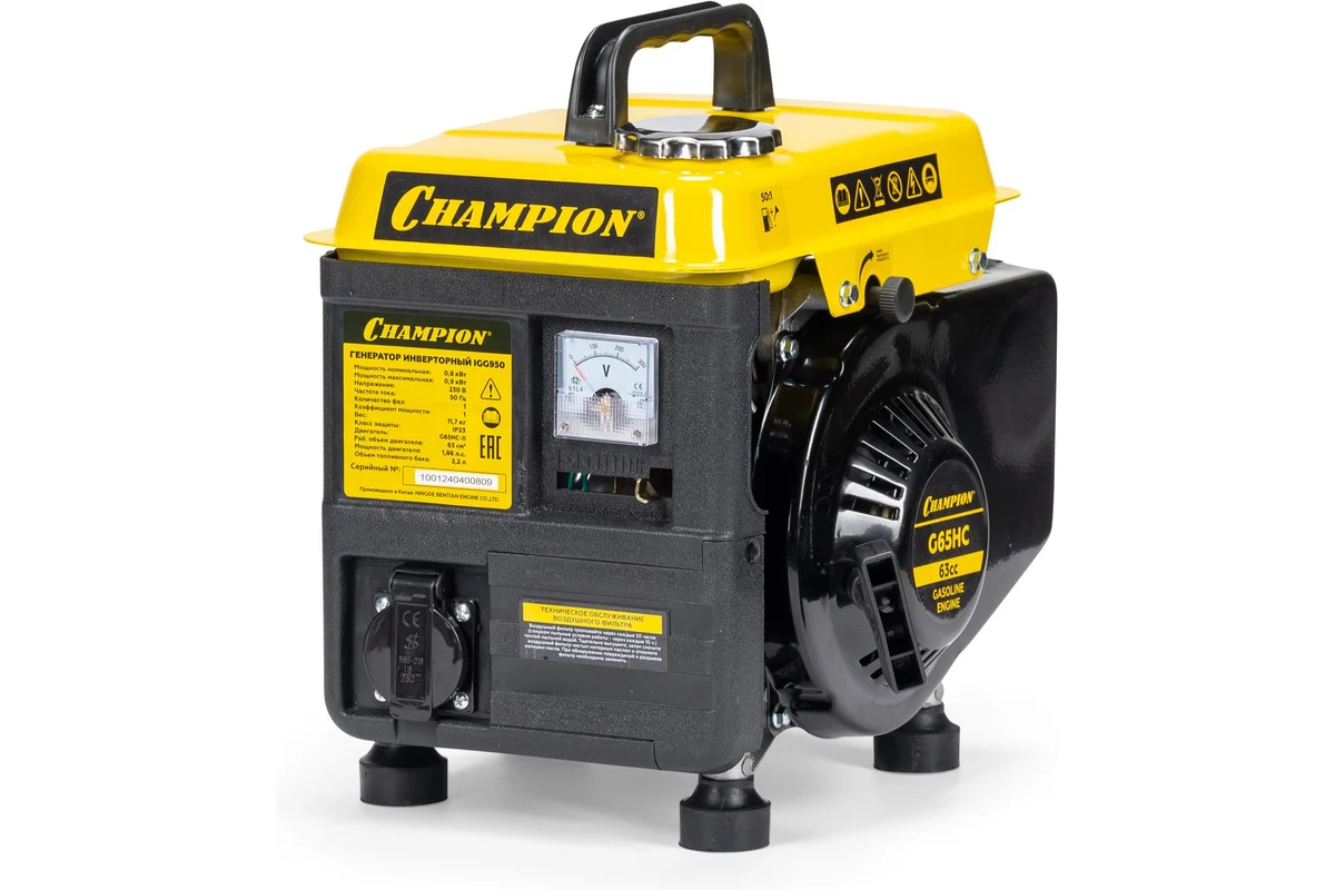 Генератор CHAMPION IGG950 (0,8/0,9кВт 1,86лс, 2,2л 11,7 кг 12V) — изображение 5