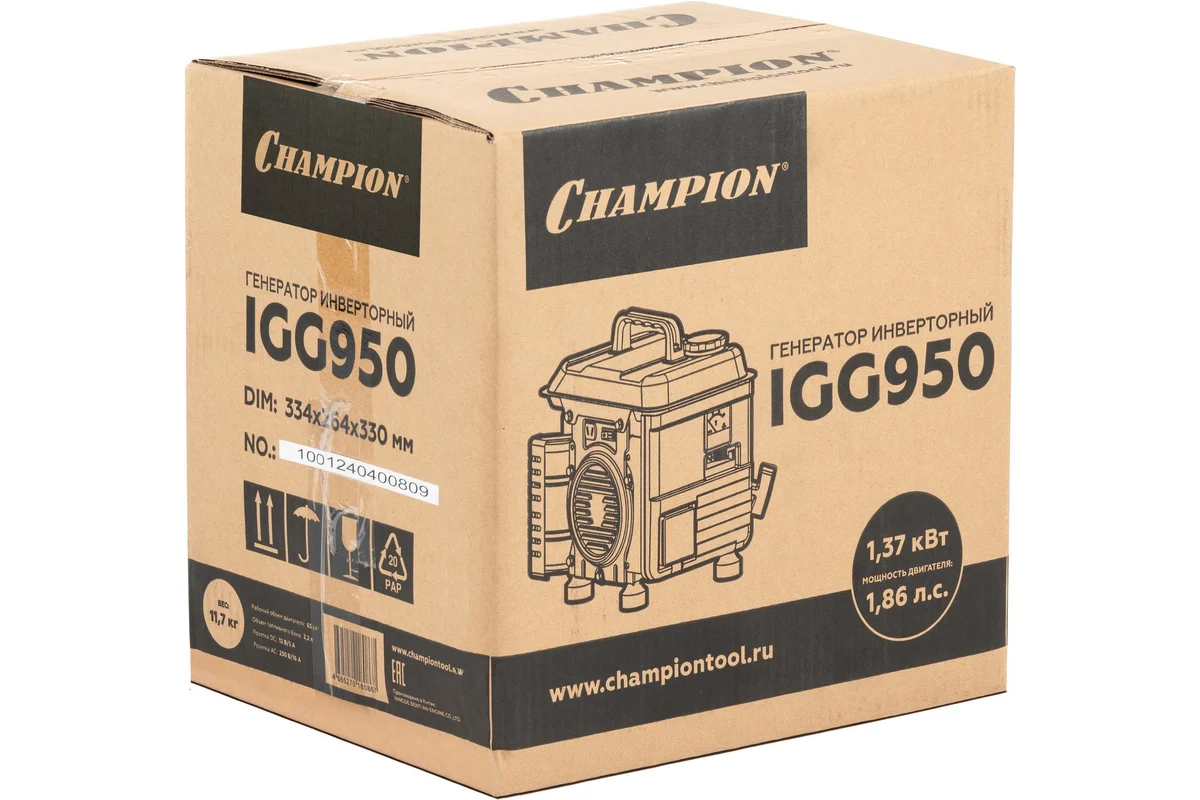 Генератор CHAMPION IGG950 (0,8/0,9кВт 1,86лс, 2,2л 11,7 кг 12V) — изображение 6