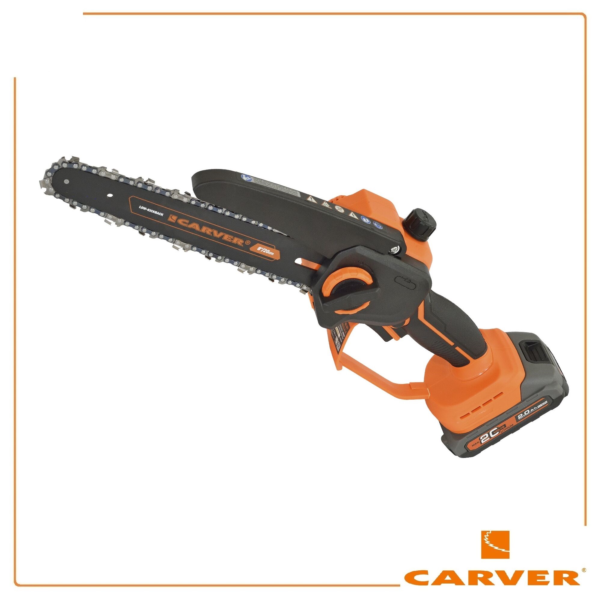 Пила цепная аккум. CARVER CHS 01BL20D/2.0-2 (б/щ, 480Вт,1/4"-1,1-46зв, 8", 2АКБ*2Ач, авт.смаз, кейс)