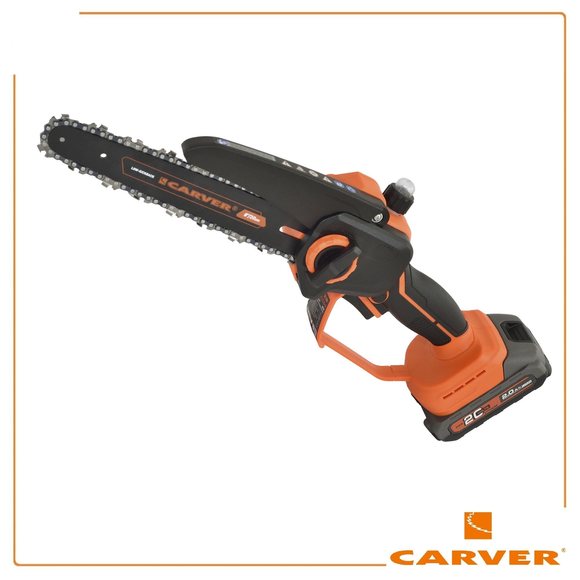 Пила цепная аккум. CARVER CHS 01BL20C/2.0-2 (б/щ, 400Вт,1/4"-1,1-46зв, 8", 2АКБ*2Ач, кейс)